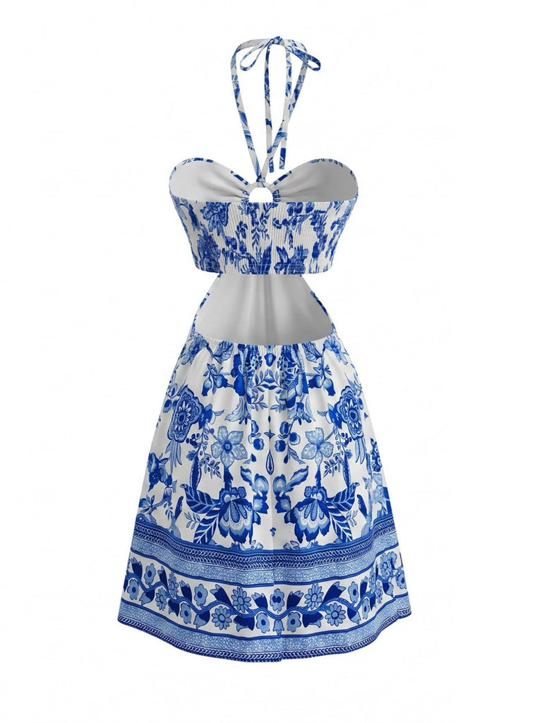 Kobaltblaues 50er Kleid mit Cut-Out und Blumen