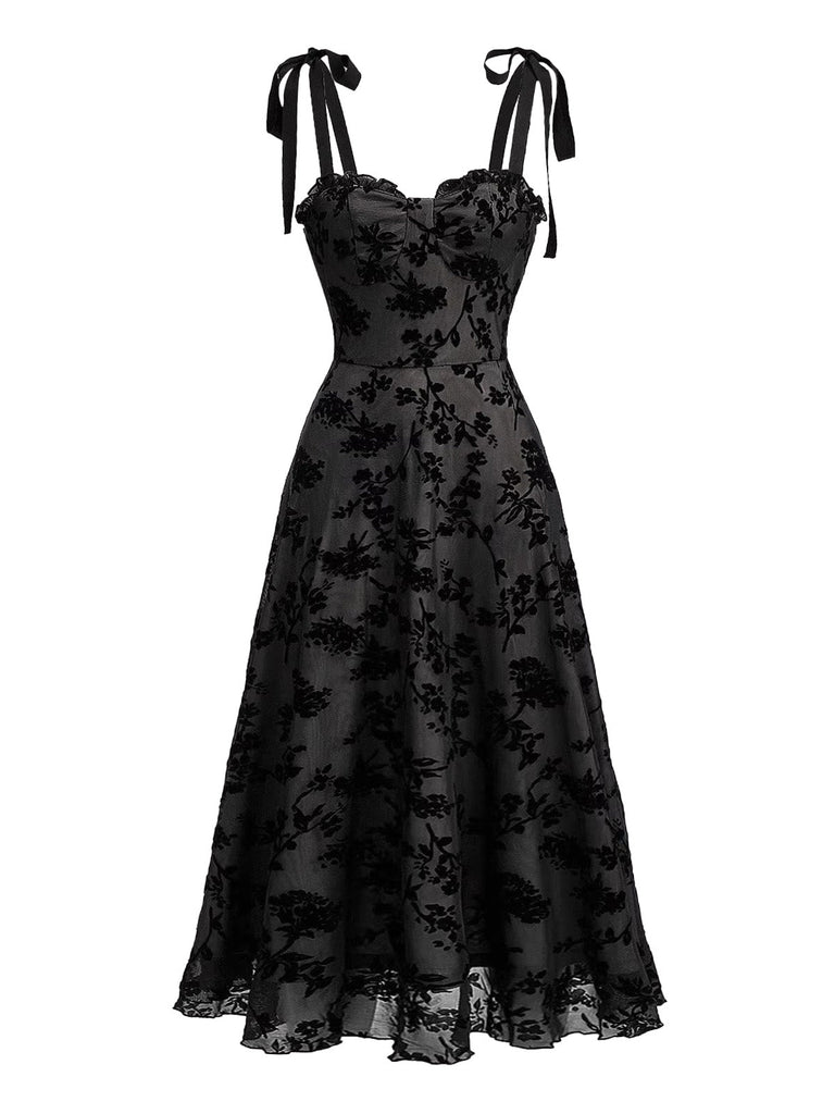 Schwarzes 50er Midikleid mit Blumen und Samt