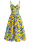 40er Swingkleid mit Zitronen-Print und Spaghettiträger in Blau