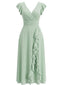 Mintgrünes 30er Chiffon-Kleid mit V-Ausschnitt und Rüschen