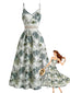 Grünes 70er Boho Kleid mit tropischem Blumenmuster und Spaghettiträgern