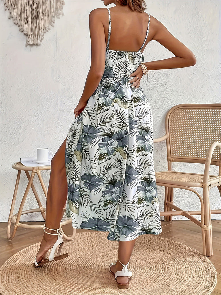 Grünes 70er Tropen Boho Kleid mit Blumen und Cami