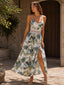 Grünes 70er Boho Kleid mit tropischem Blumenmuster und Spaghettiträgern