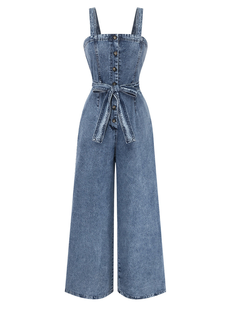Blauer 30er Jeans-Jumpsuit mit Gürtel und Knopf