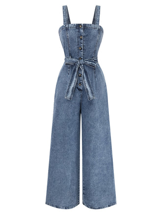 Blauer 30er Jeans-Jumpsuit mit Gürtel und Knopf