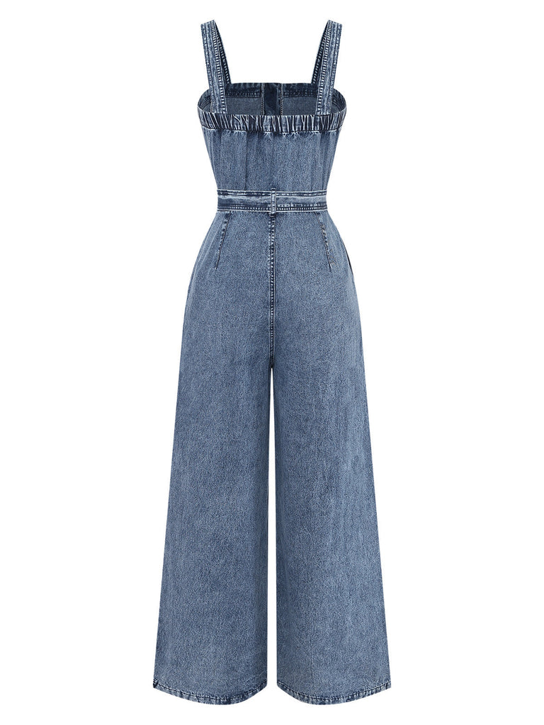Blauer 30er Jeans-Jumpsuit mit Gürtel und Knopf