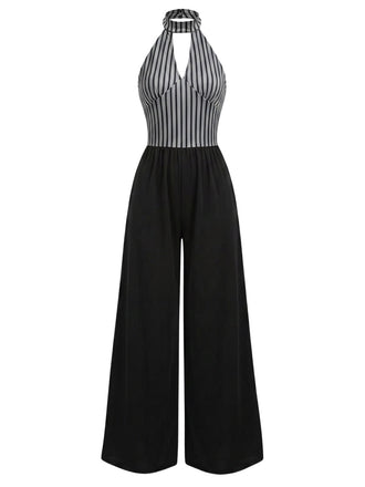 [Vorverkauf] 60er Jumpsuit mit Stehkragen und Streifen in Schwarz