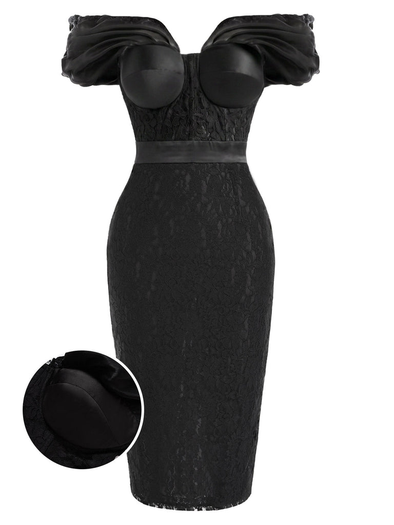 Schwarzes 60er Midikleid mit Blumen-Spitze
