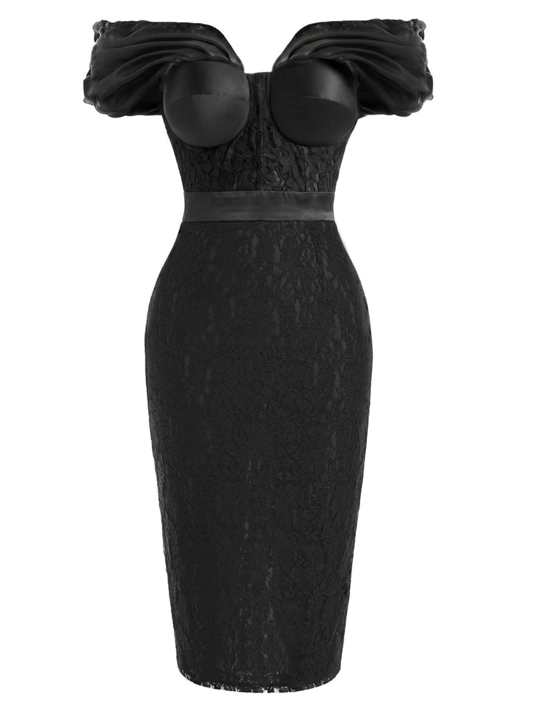 Schwarzes 60er Midikleid mit Blumen-Spitze