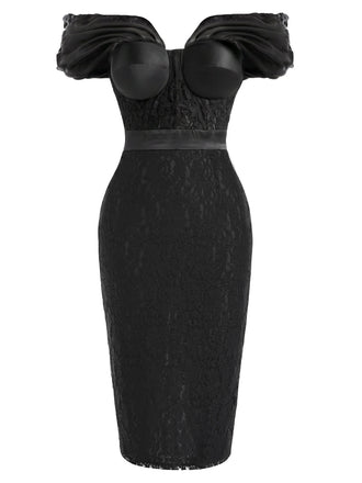 Schwarzes 60er Midikleid mit Blumen-Spitze