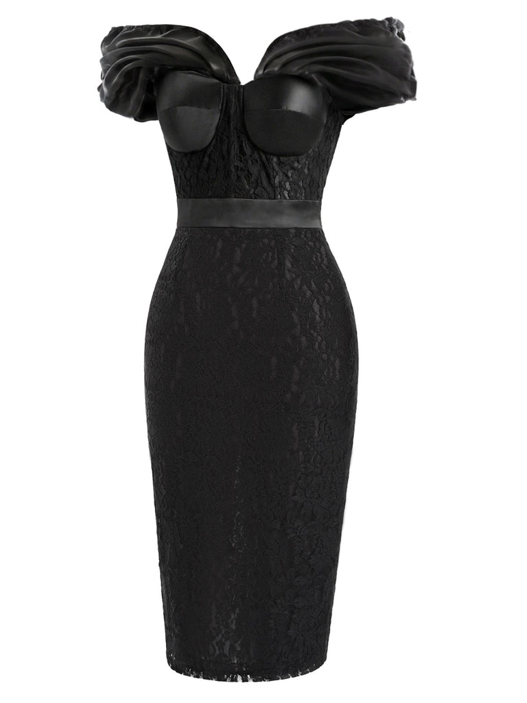 Schwarzes 60er Midikleid mit Blumen-Spitze