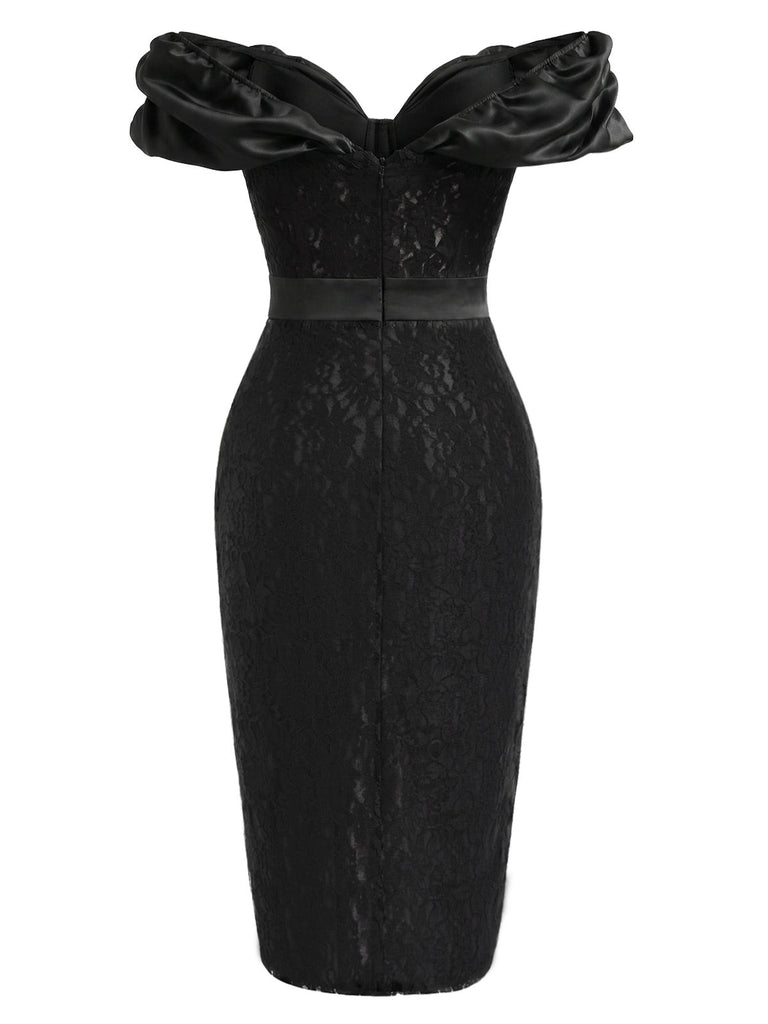 Schwarzes 60er Midikleid mit Blumen-Spitze