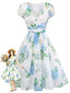 [Vorverkauf] Blaues 50er Swingkleid mit Blumen-Print und V-Ausschnitt