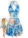 Blaues 70er Neckholder-Top & Rock mit Marmor-Print und Raffung