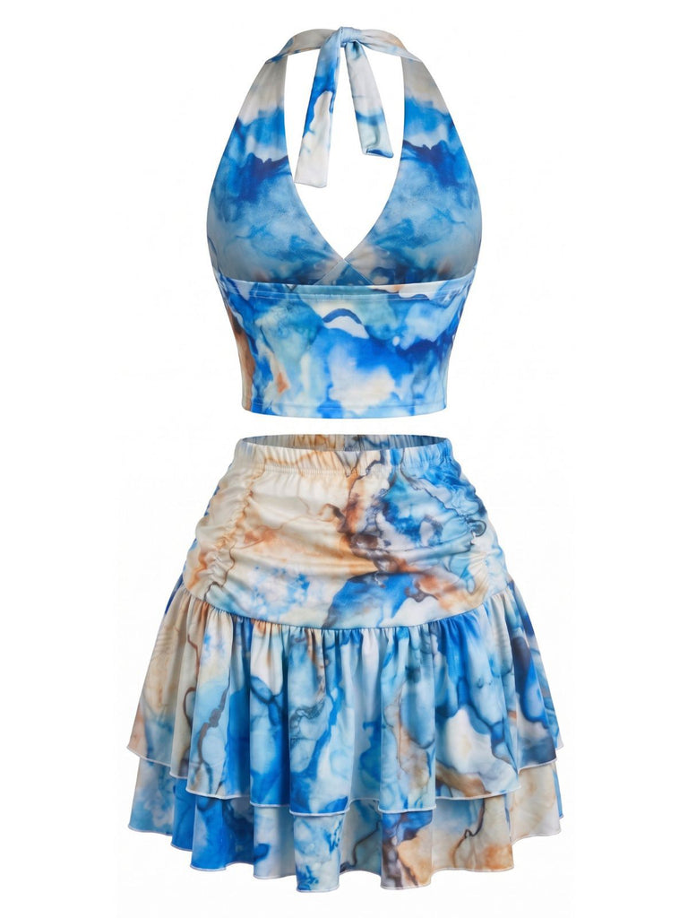Blaues 70er Neckholder-Top & Rock mit Marmor-Print und Raffung