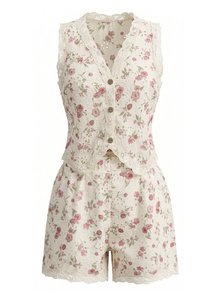 Beiges 40er Top & Shorts Set mit Streublumen und Spitze