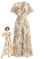 [Vorverkauf] Mehrfarbiger 50er Chiffon-Jumpsuit mit Blumen und Flatterärmeln
