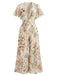 Mehrfarbiger 50er Chiffon-Jumpsuit mit Flatterärmel und V-Ausschnitt