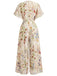 Mehrfarbiger 50er Chiffon-Jumpsuit mit Flatterärmel und V-Ausschnitt