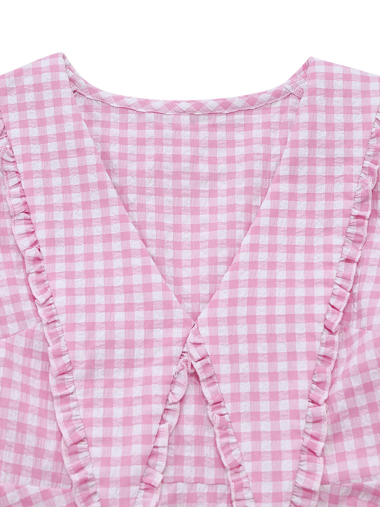 Rosa 50er Kleid mit Gingham und Puffärmeln