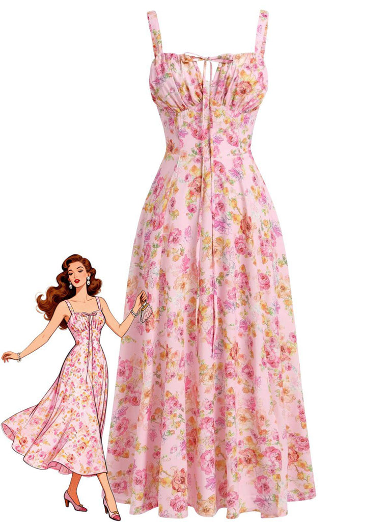 40er Chiffon-Kleid mit Blumen und Spaghettiträger
