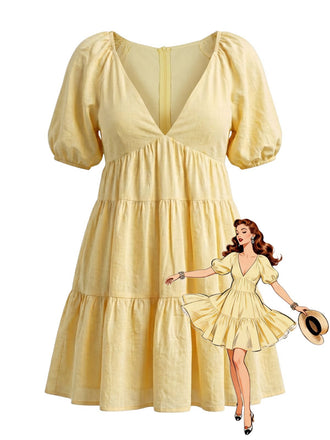 Gelbes 50er Babydoll-Kleid mit V-Ausschnitt und Puffärmeln