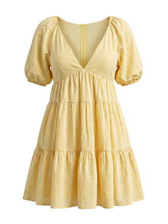 Gelbes 50er Babydoll-Kleid mit V-Ausschnitt und Puffärmeln