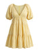 Gelbes 50er Babydoll-Kleid mit V-Ausschnitt und Puffärmeln
