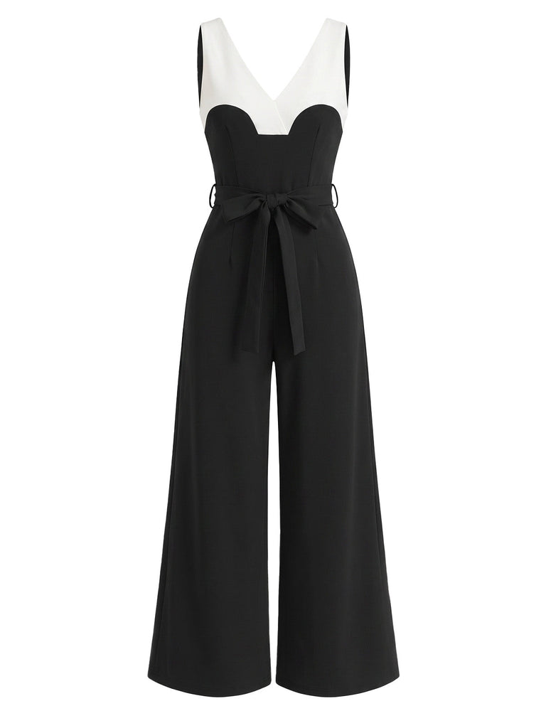 Schwarzer 30er Ärmelloses Jumpsuit mit V-Ausschnitt und Gürtel