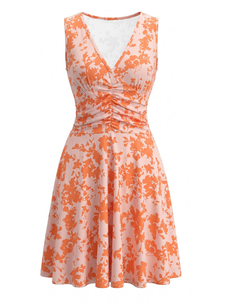 Orange 70er Ärmelloses Raffkleid mit Blumen-Print und V-Ausschnitt