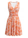 Orange 70er Ärmelloses Raffkleid mit Blumen-Print und V-Ausschnitt