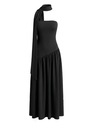 Schwarzes 30er trägerloses Maxikleid mit Schal-Kragen