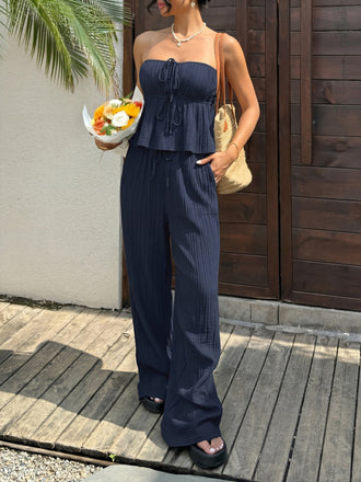 Blaues 50er Top & Hose Set mit Struktur und Rüschen
