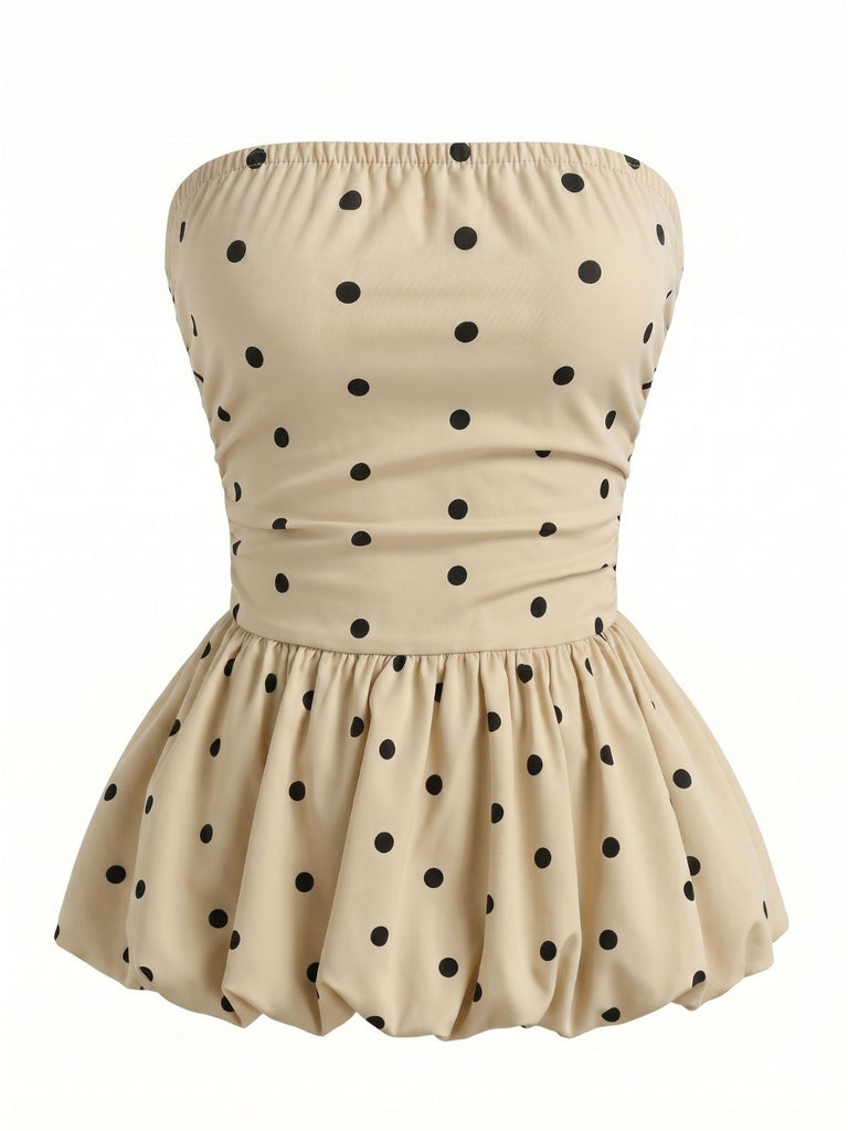 Beiges 50er trägerloses Top mit Polka-Dots und ausgestelltem Saum