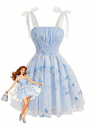 Blaues 60er Tüllkleid mit Blumenstickerei und Schleife