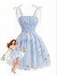 Blaues 60er Tüllkleid mit Blumenstickerei und Schleife