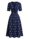Blaues 40er Kleid mit V-Ausschnitt und Stickerei