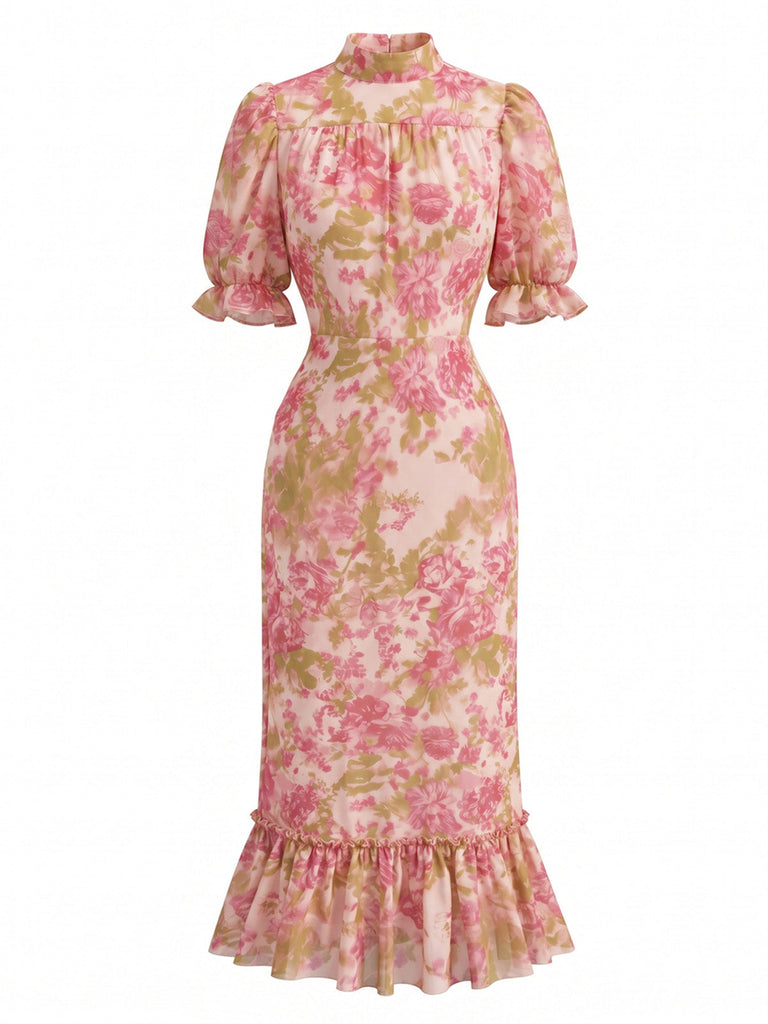 Rotes 30er Chiffon-Meerjungfrauenkleid mit Blumen