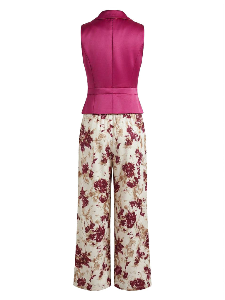 Purpurrotes 50er Weste & Hose Set mit Blumenhose