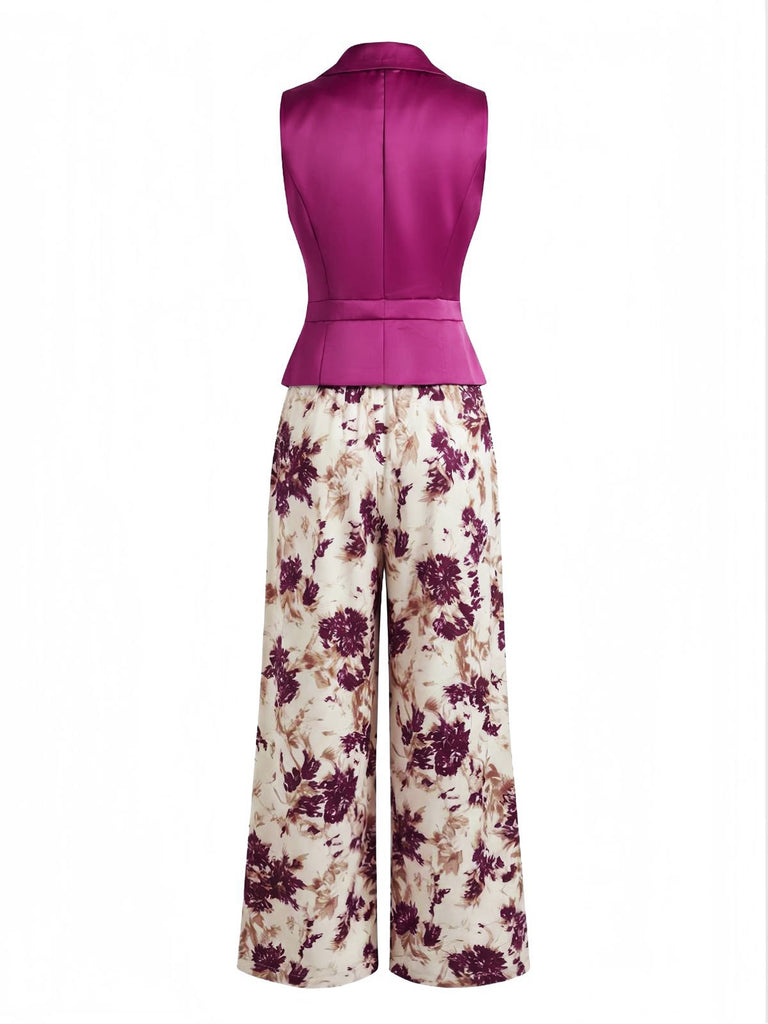 Purpurrotes 50er Set mit Knopfweste und Blumenhose
