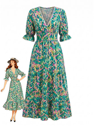 Grünes 70er Smock-Maxikleid mit abstraktem Blumen-Print und V-Ausschnitt