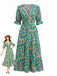 Grünes 70er Smock-Maxikleid mit abstraktem Blumen-Print und V-Ausschnitt