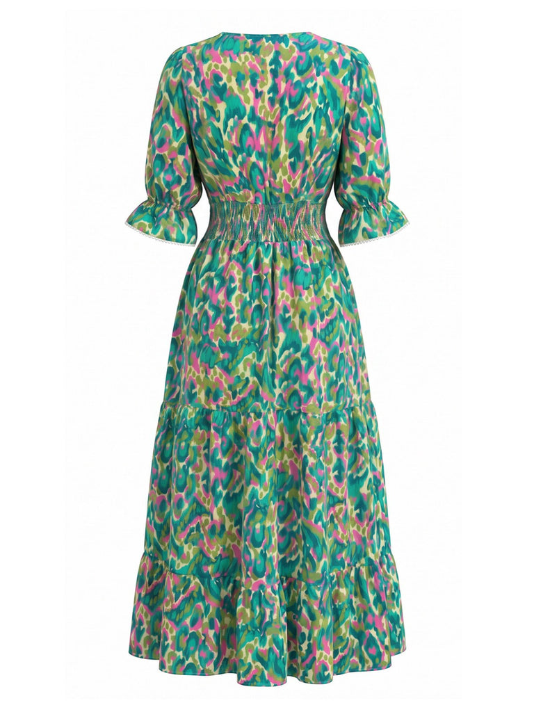 Grünes 70er Smock-Maxikleid mit abstraktem Blumen-Print und V-Ausschnitt