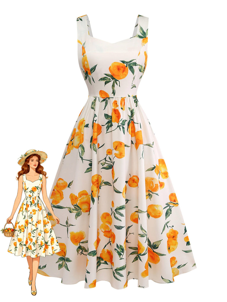 50er A-Linien-Kleid mit orangefarbenem Zitrus-Print