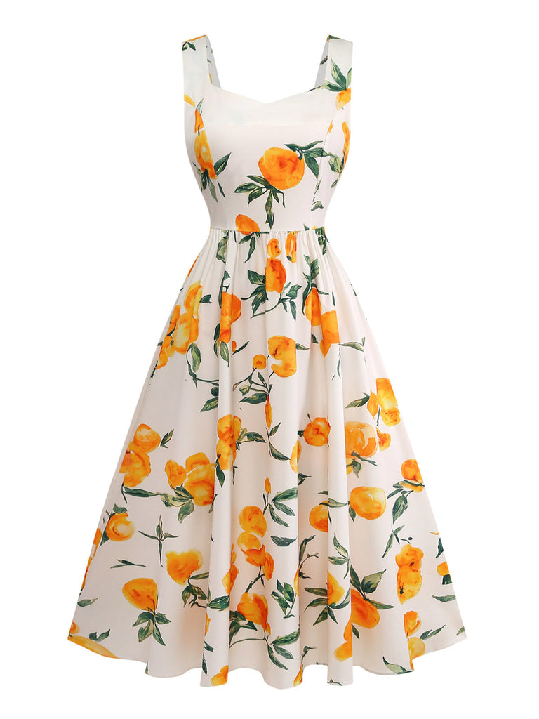 50er A-Linien-Kleid mit orangefarbenem Zitrus-Print