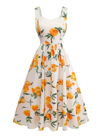 50er A-Linien-Kleid mit orangefarbenem Zitrus-Print