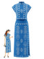 Blaues 70er Boho Top & Rock Set mit Kappenärmeln und Schlitz