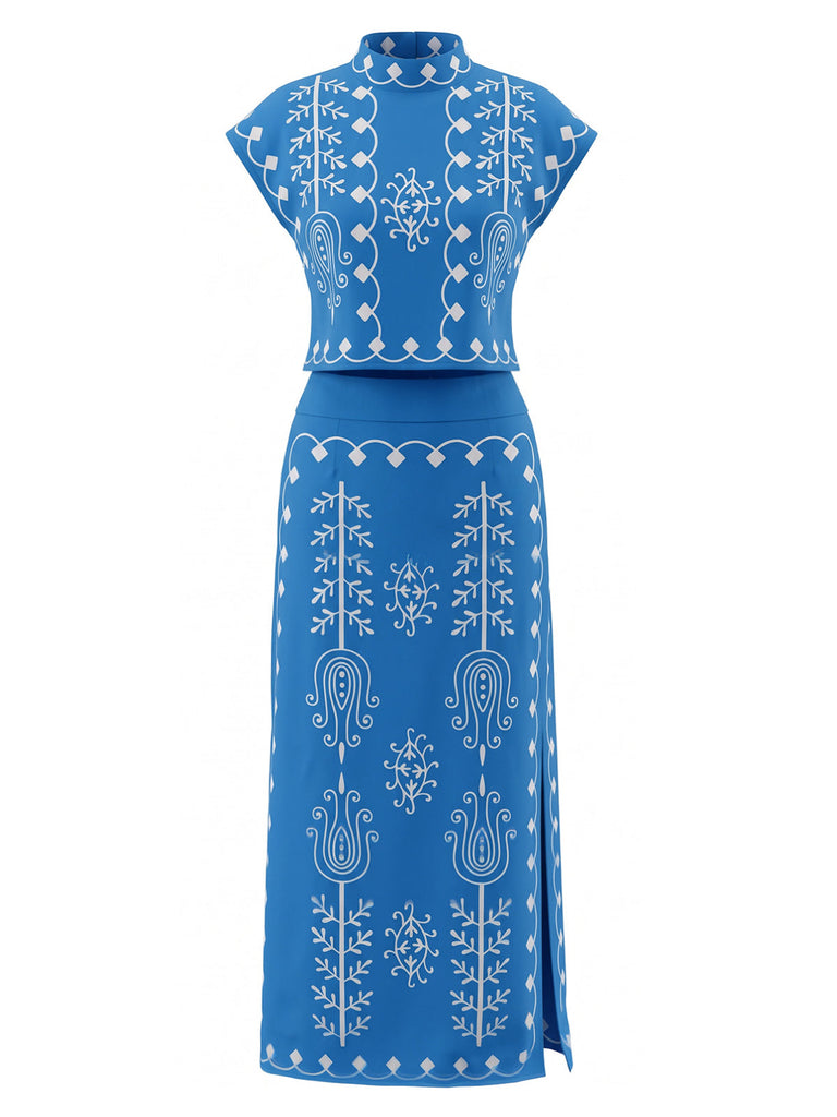 Blauer 70er Boho Rock mit Kappärmel
