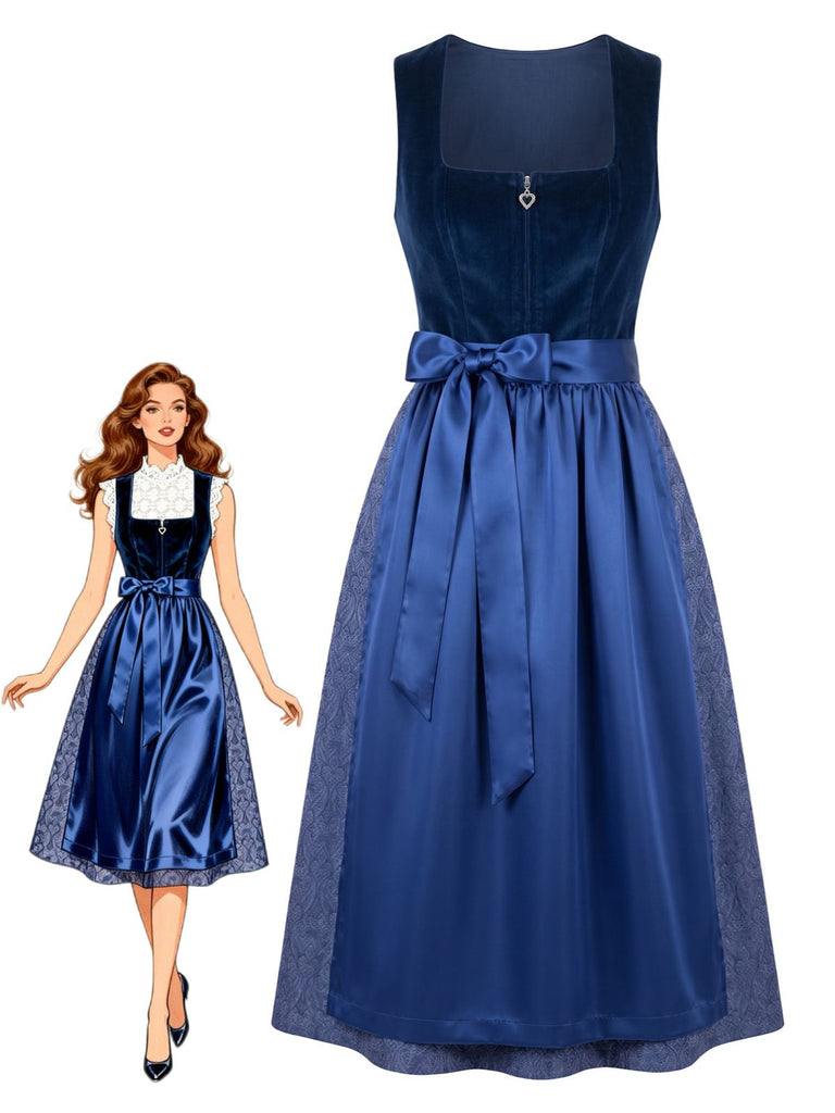 Blaues 50er Oktoberfest-Dirndl-Set mit Samt-Paisley-Kleid und Schürze