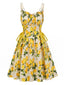 Gelbes 50er Swingkleid mit Blumen-Print und Eckiger Ausschnitt